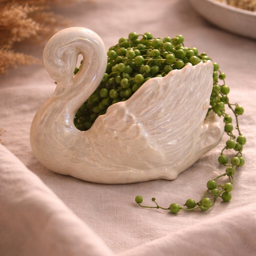 Studio Cream Swan Planter with Green Accents